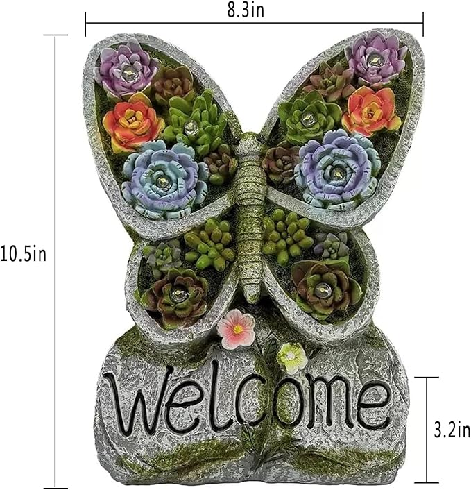 Garden Gnome Statue with Solar Lights Outdoor Statues,Patio Decor for Lawn Yard, Garden Decor Unique Birthday Housewarming Gifts for Mom Grandma Women (Butterfly Succulent Statue)
