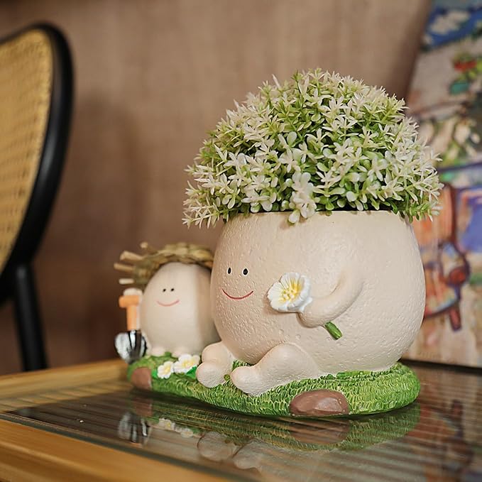 Smily Face Planter Pot with Cute Straw Hat Resin Head Planters with Drainage Hole for String of Pearls Plant Live Unique Succulent Pots for Indoor Outdoor Plants Gift IdeaI for Mother