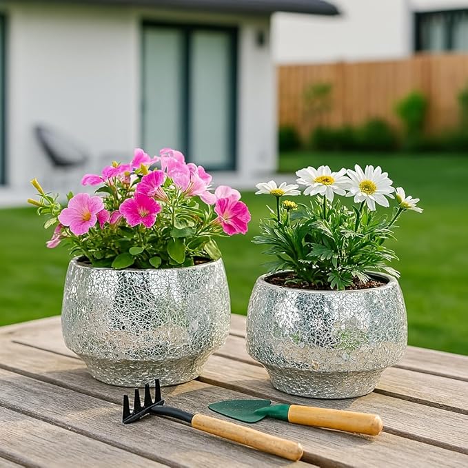 Flower Pots and Planters for Home Decor – Mosaic Indoor and Outdoor Plant Pots for Garden, Patio, or Room – Modern Pots for Indoor Plant Stand for Herbs, Succulents, or Ferns Set of 2 – 8", 6" Silver