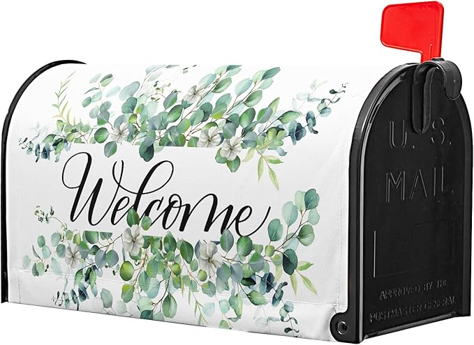 Welcome Spring Summer Mailbox Covers Magnetic- Large Size 25.5x21 Inch- Sage Green Eucalyptus Leaves Wreath Mailbox Wrap Letter Post Cover Decoration for Yard Garden Outdoor Home