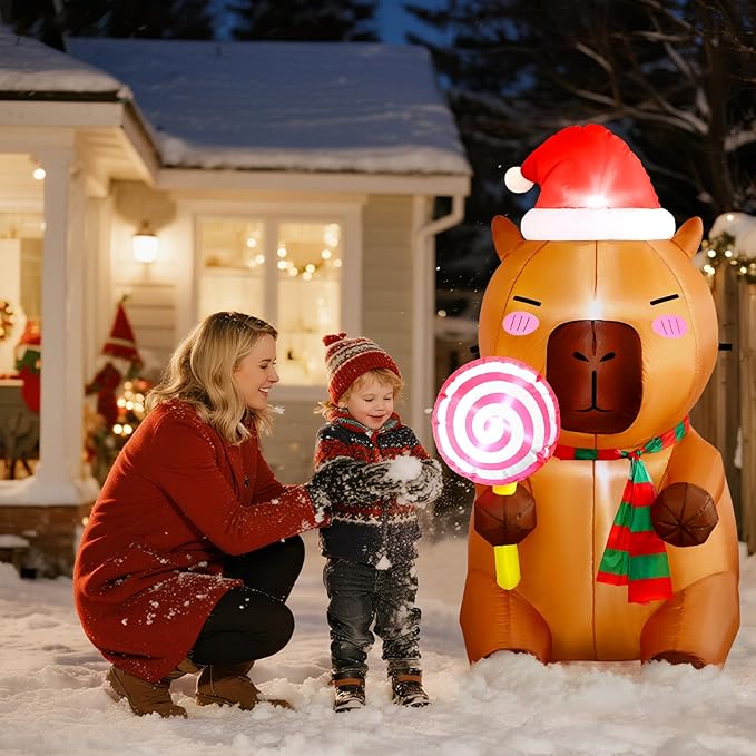 anroog Christmas Inflatable Outdoor Decorations Capybara Inflatables 4.92ft Christmas Blow Up Capybara Hold Lollipop Candy Yard Decor with Led Lights Xmas Holiday Garden Lawn Outside Decor