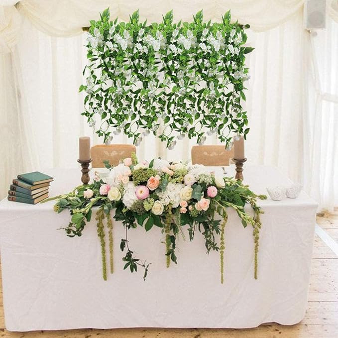 FERIAL Artificial Vines for Decoration with Flowers 2 Pcs Hanging Plants Silk Garland White Morning Glory Vine Artificial Plants Outdoors 15Feet Fake Vine Plants for Wedding Indoor Wall Fence Baskets
