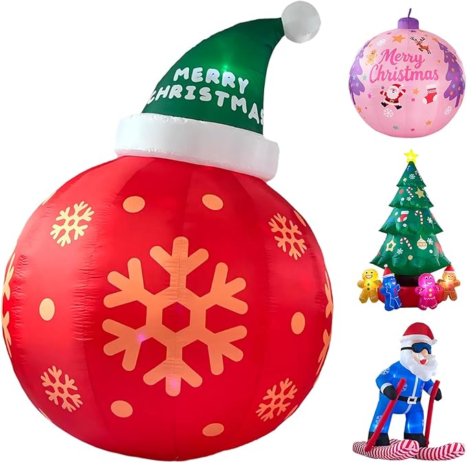 8ft Red Christmas Ball with Santa Hat Inflatable Outdoor Indoor Decor, Giant Blow Up IP44 Weatherproof Xmas Decorations for Yard, Built-in 7-Color LED Rotating Light for Gardern Lawn Winter Holiday