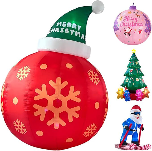 8ft Red Christmas Ball with Santa Hat Inflatable Outdoor Indoor Decor, Giant Blow Up IP44 Weatherproof Xmas Decorations for Yard, Built-in 7-Color LED Rotating Light for Gardern Lawn Winter Holiday
