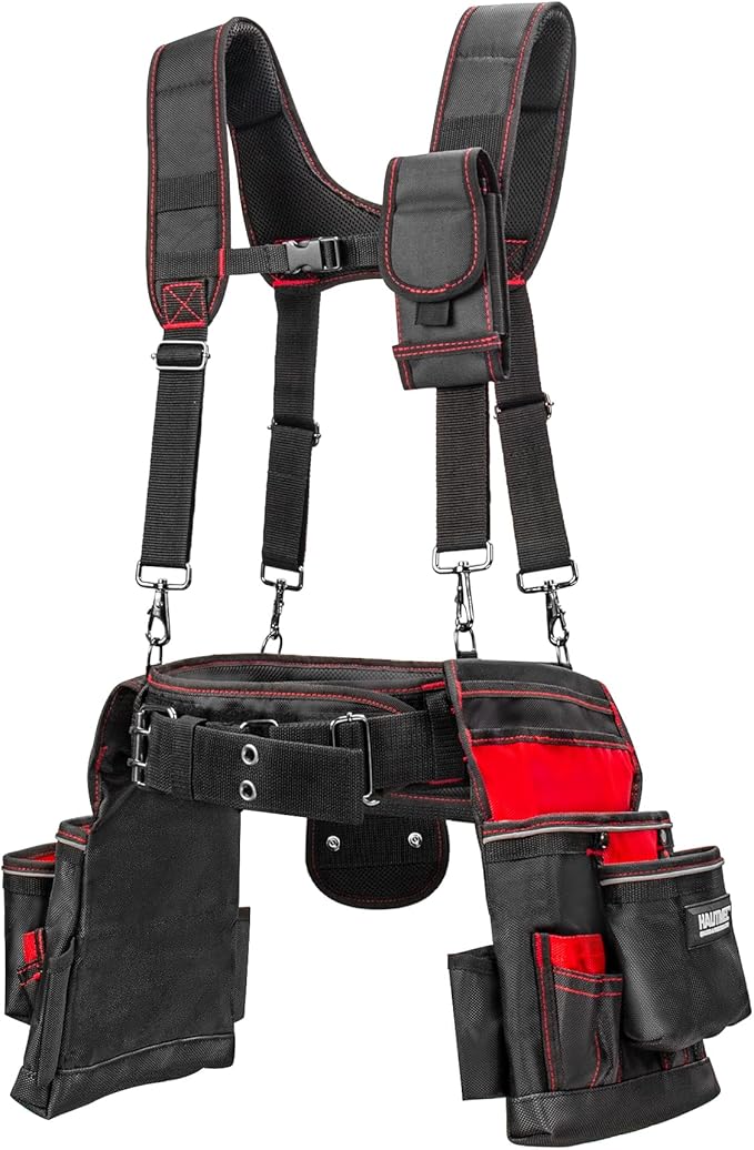 HAUTMEC Professional Tool Belt with Suspenders, 19 Pockets, Heavy-Duty 1680D Work Belt with Adjustable Padded Waist & Shoulder Support, Phone Pouch, Hammer & Tape Holder – HT0400
