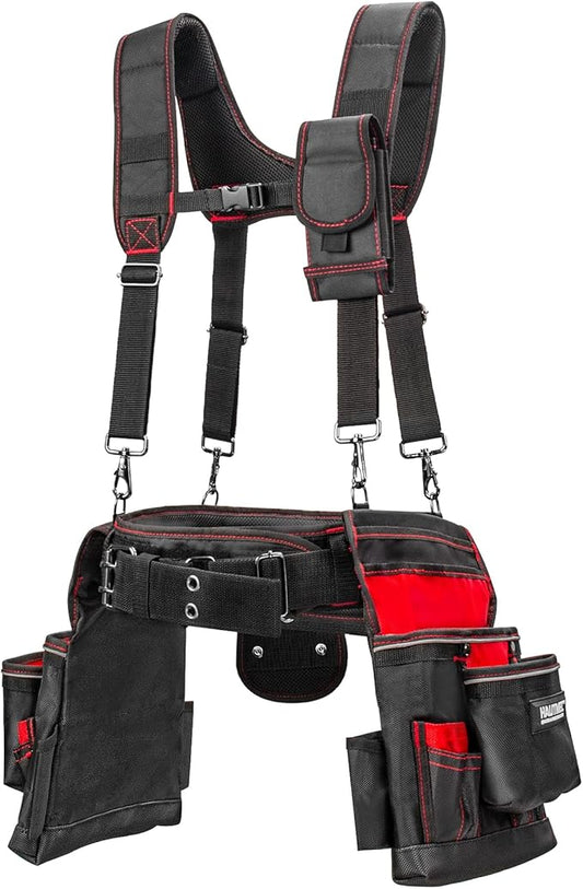 HAUTMEC Professional Tool Belt with Suspenders, 19 Pockets, Heavy-Duty 1680D Work Belt with Adjustable Padded Waist & Shoulder Support, Phone Pouch, Hammer & Tape Holder – HT0400