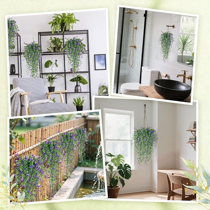 Artificial Hanging Flowers, 3 Pcs Fake Hanging Plants Decor, Artificial Vines for Outdoors, UV Resistant No Fade Artificial Fake Hanging for Indoor Decoration Outdoor Porch Courtyard (Purple)