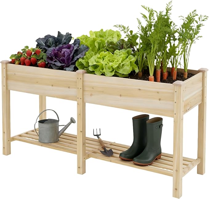 Raised Garden Bed, Planter Box with Storage Shelf, Elevated Wooden Box with Legs, Garden Planter for Backyard, Patio, Balcony, Natural Wood (Natural, L)