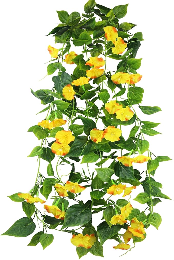 CISDUEO 2 Pcs Artificial Vines Silk Morning Glory Vines for Outdoor 15Feet Hanging Plants Garland Yellow Fake Green Plant Morning Glories for Home Decor Wall Fence Stairway Wedding Hanging Baskets