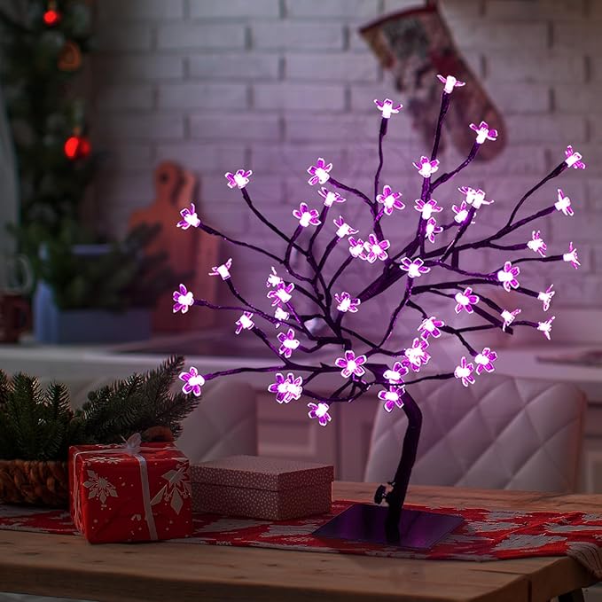 2 PK Cherry Blossom Tree Lights,Artificial Bonsai Tree with 48 Warm White Led Lights, 16.2 Inch Prelit Cherry Blossom Lamp for Christmas Party Wedding Gift Home Tabletop Decoration