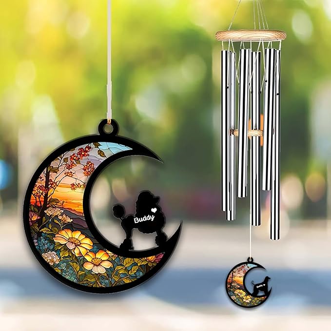 Poodle Sun Catcher Wind Chime, Custom Sunflower Suncatcher Dog Memorial Wind Chime, Dog Loss Gift, Dog Sympathy Gift, Pet Loss Suncatcher, Outdoor Garden Decor