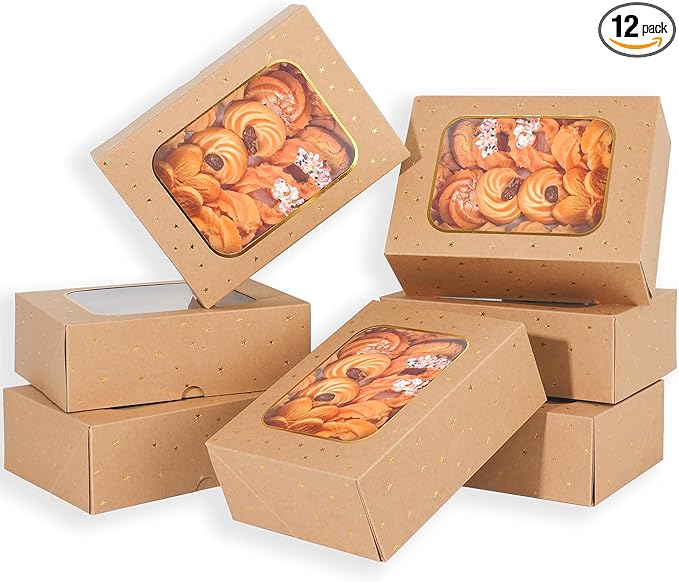 12pcs Gold Star Cookie Boxes, Brown Bakery Boxes with Window 8.25x6x2.75in Gold Foil Star Treat Cake Boxes for Gift Giving Pastry Dessert Cupcakes Candy Donut Packaging (KRAFT PAPER, 12)