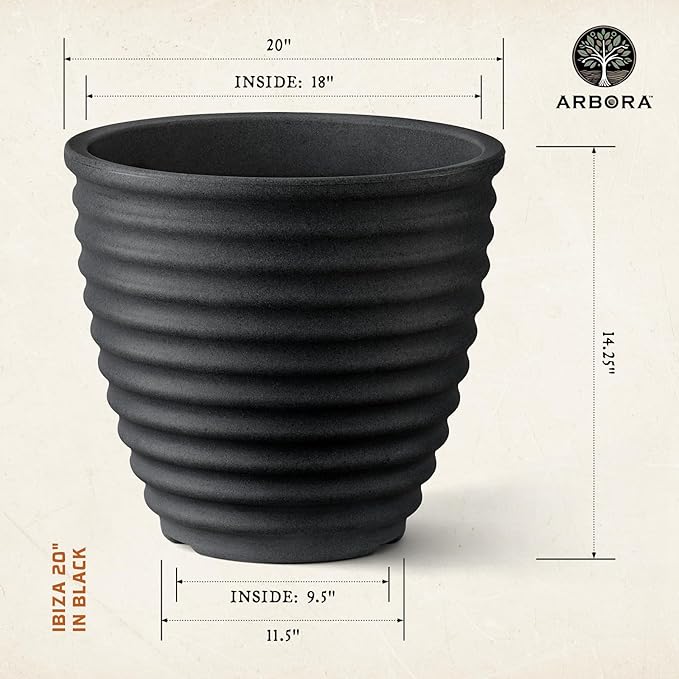 ARBORA 20" Ibiza Polyresin Indoor and Outdoor Planter with Classic Black Finish - Durable, Weatherproof, Lightweight, Large Plant Pot for Patio, Garden, Deck, Entryway
