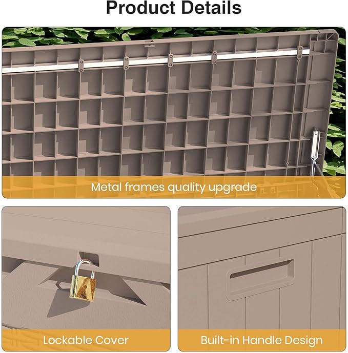 Patiolife 100 Gallon Resin Deck Box, Large Outdoor Storage Box for Garden Tools, Pool Supplies, Waterproof and Lockable, Light Brown