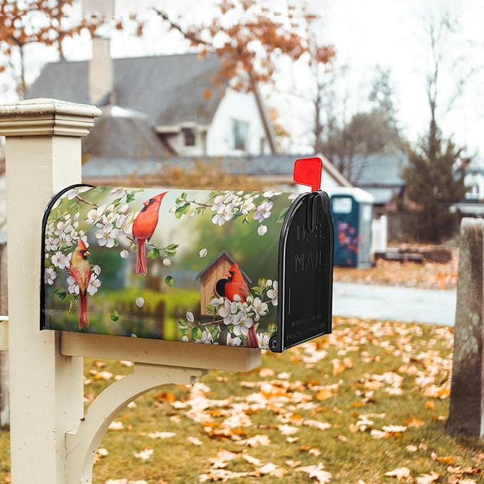 Spring Birds Floral Magnetic Mailbox Cover Colorful Summer Birdhouse White Flowers Mailbox Wrap Post Cover Large Size 25.5x21 Inch for Garden Yard Outdoor Outside Seasonal Decor