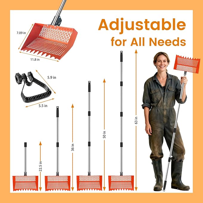 Chicken Poop Scooper for Chicken Coop 304 Stainless Steel Adjustable Angle Durable Sand Sifting Litter Shovel for Farm Animals Cleaning Tools (Orange)