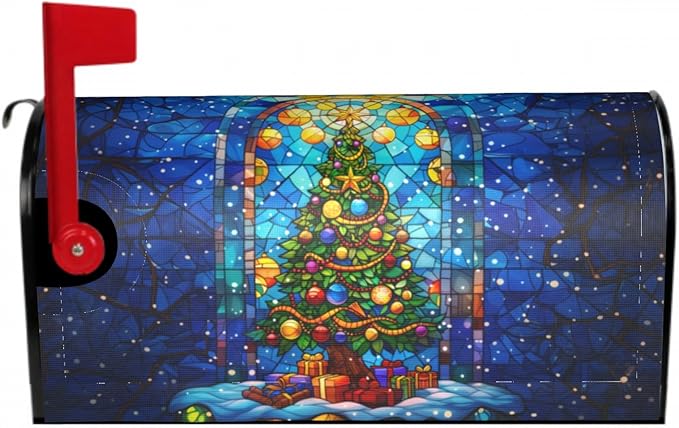 Giwawa Christmas Tree Mailbox Covers Stained Glass Blue Winter Mail Box Cover Magnetic Standard Size 18 x 21 Holiday Mailbox Xmas Decorations Happy New Year Mailbox Wrap