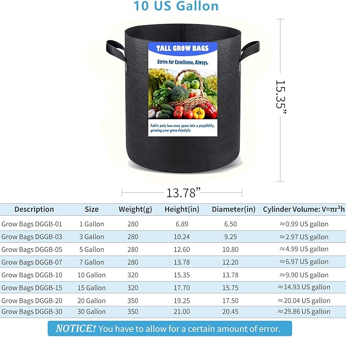 10 US Gallon 6 Pack Tall Grow Bags for Vegetables, Heavy Duty Nonwoven Aeration Fabric Deep Grow Pots with Handles