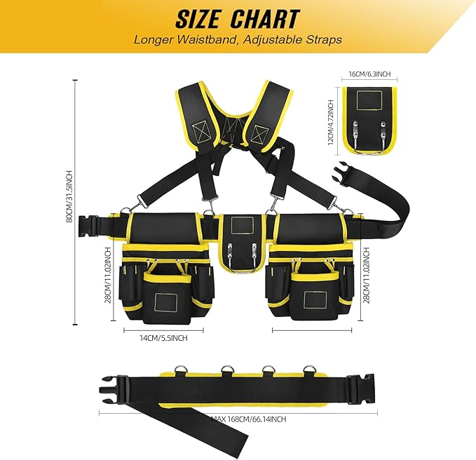 Tool Belts for Men with Suspenders - Magnetic Tool Pouch 26 Pockets Heavy Duty Work Belts - Detachable Adjustable Tool belt Pouch Bag for Electrician, Carpenter, Construction