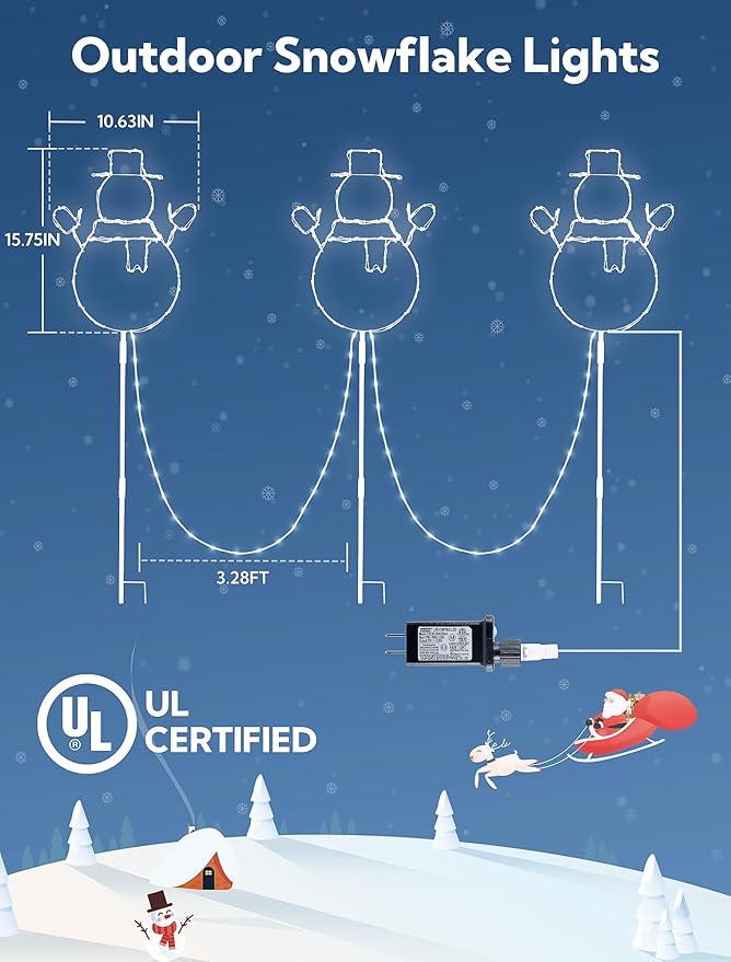 Christmas Walkway Lights,200LED White Christmas Decorations Pathway Lights Plug in,Timer 8 Mode Snowman Garden Light with Stake Waterproof for Fence,Patio,Yard,Party,Xmas Decor-White