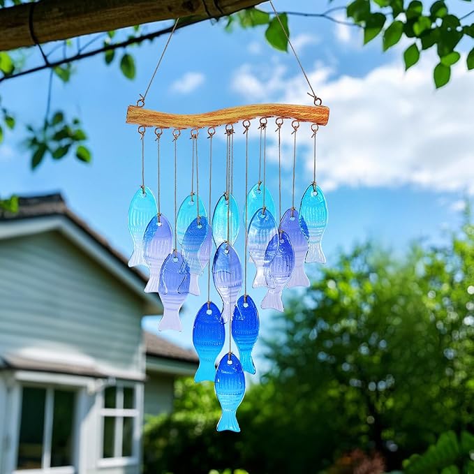 Glass Fish Wind Chimes for Outdoor Patio & Front Yard Decor, Small Unique Suncatcher Windchimes, Handcrafted Gifts for Women, Durable Outside Garden Christmas Decoration Gift