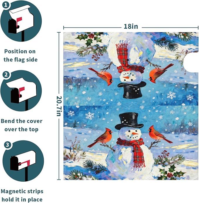 Winter Snowman Mailbox Covers Magnetic Standard Size Blue White Red Cardinal Bird Christmas Holiday Outdoor Decorative Seasonal Letter Box Cases for Home Garden Outside Decor, 21x18 Inch
