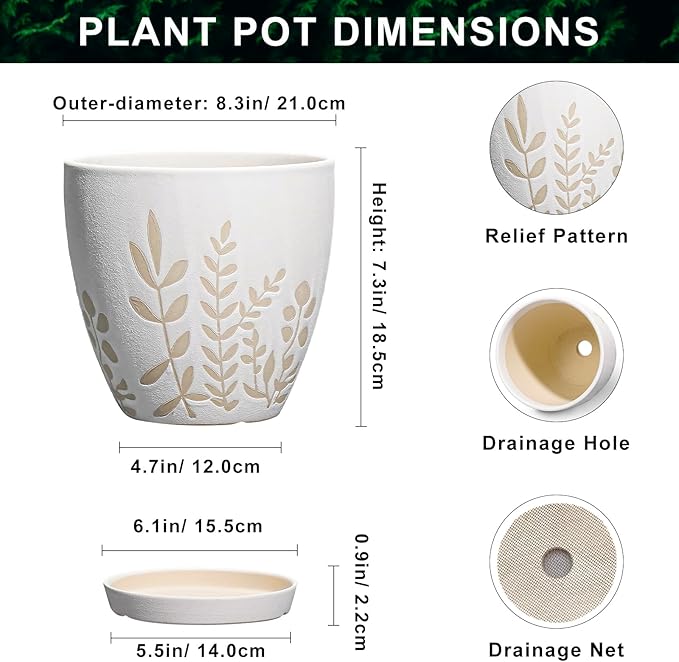 8 Inch Plant Pot with Saucer - Ceramic Planter with Drainage for Indoor Plants, Boho Round Flower Pot, Desk Room Home Office Decor, Housewarming Gift, White