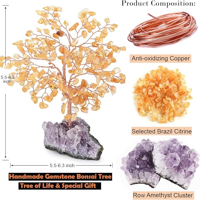 Natural Citrine Crystal Tree with Amethyst Geode Base,Healing Crystals Feng Shui Bonsai Money Tree,Chakra Balancing Positive Energy Home Decor 5.5"-6.3"