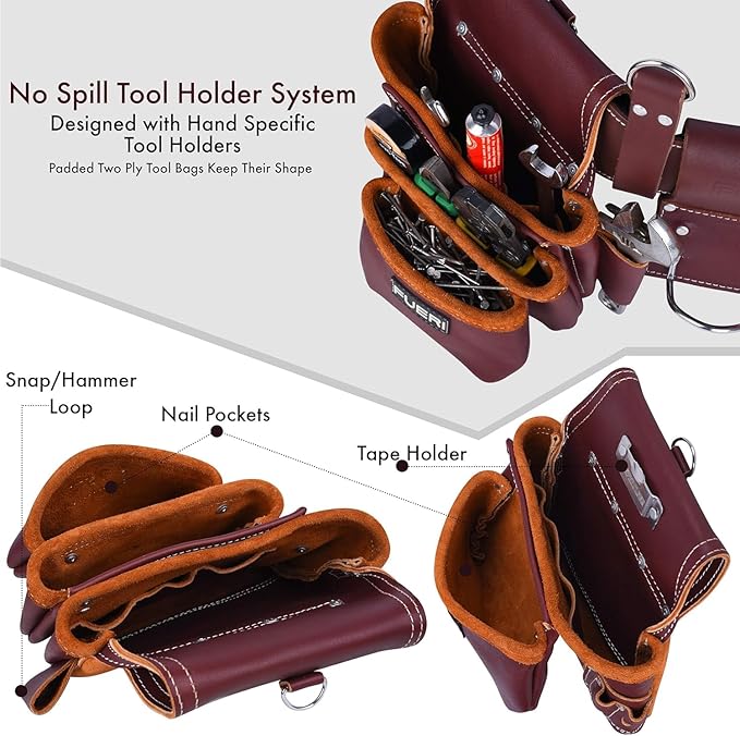 FUERI Leather Tool Belt 17 Pocket Pouches Bags Men Suspenders Holder Organizer for Carpenter Construction Electrician - Maroon