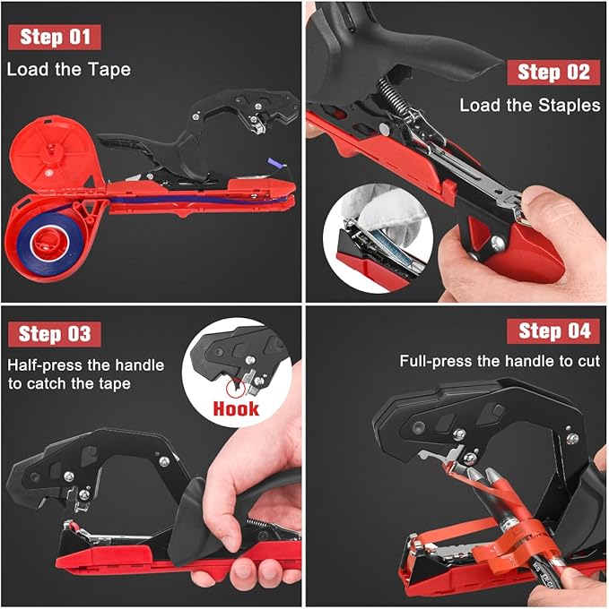 Professional Plant Tying Machine to Bind Tomatoes and Grapes Effortless Garden Tape Tool for Gardeners Farmers, Including Spare SK5 Blade, Garden Tapes and Staples, Red/Black
