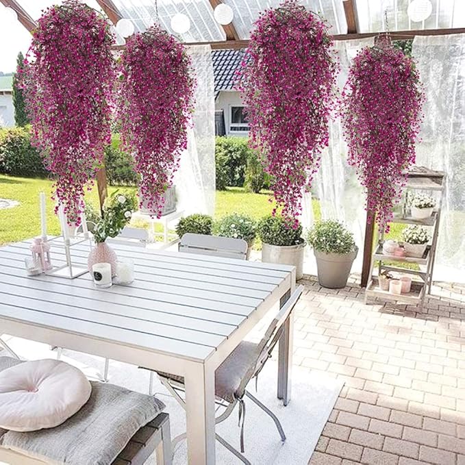 RECUTMS 4 pcs Hanging Fake Plants Flowers Artificial Decor Artificial Hanging Plants Fake Vines with Fake Flowers Fake Plants for Bedroom Aesthetic Wall Hanging Decoration（Fuchsia）