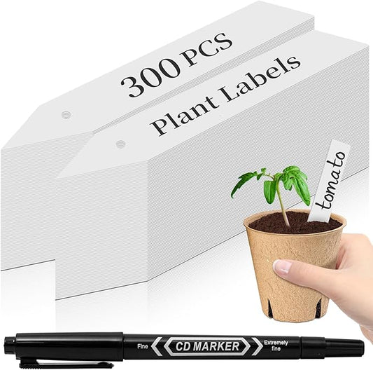 Dalzom® 300Pcs 4" Plant Labels with Marker Pen, Waterproof Plastic Plant Tags for Outdoor Seedlings Vegetable Garden Signs Markers Label Stakes (White)