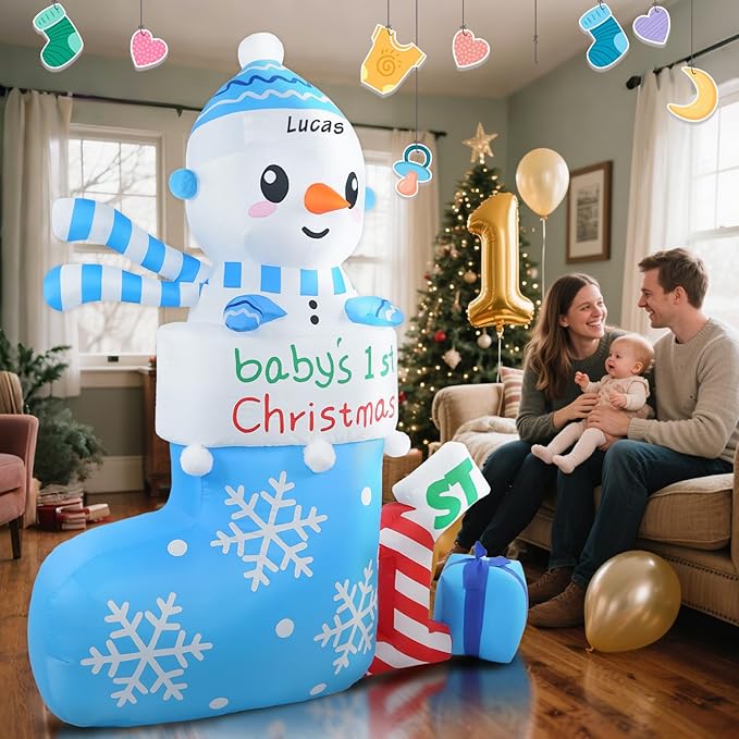 Christmas Inflatable Outdoor Decorations, 6 FT Inflatables Babys First Christmas Stocking Snowman Yard Decor, Built-in LED Lights Blow up 1st Xmas DIY Name Ornament for Indoor Outside Lawn Garden(Boy)