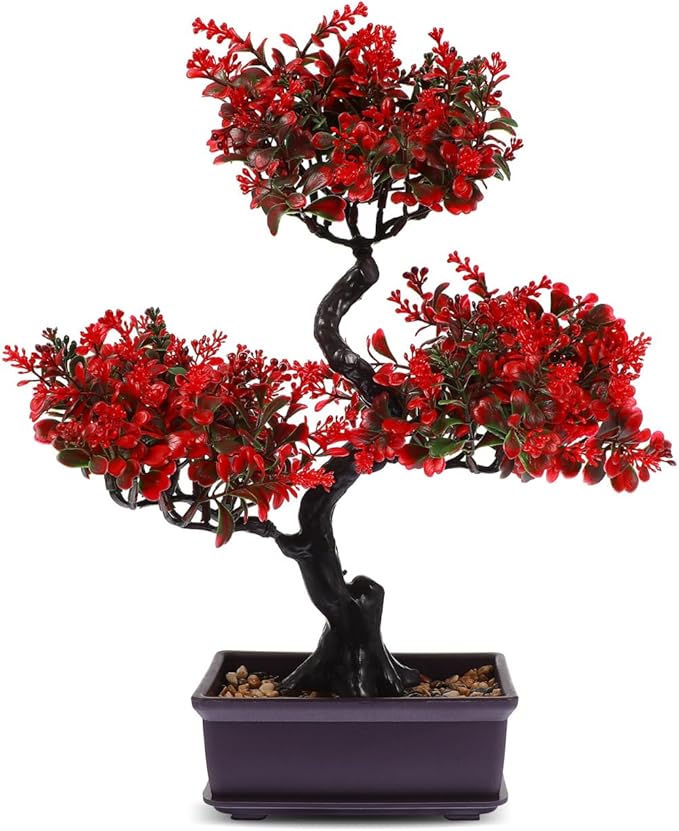 HANABASS Artificial Bonsai Tree Fake Blossom Faux Potted Plant Realistic Red Fake Plant for Indoor Outdoor Garden Home Office Decor Decor Wedding Centerpiece