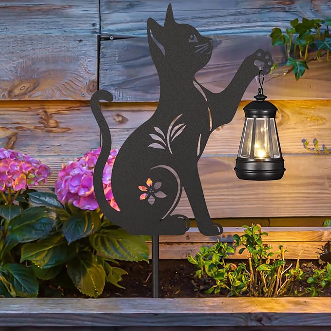 2Pack Solar Outdoor Garden Lights Stakes Solar Metal Cat Lawn Deco Statue Black Cat Patio Garden Decorative Stakes with Solar Lantern Christmas Birthday Gifts for Women Mom and Grandma
