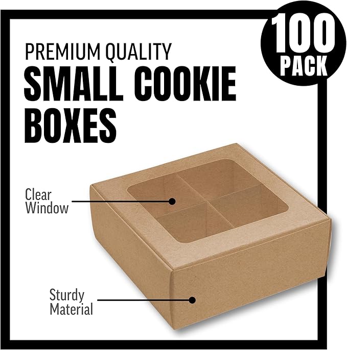 100 pcs Kraft Mini Cookie Boxes for 4 treats with Window and Dividers, Bakery Boxes, 6 x 6 x 2.4 Inches SMALL Baking Boxes, Square Cookies Box Decorating Supplies for Gift Giving