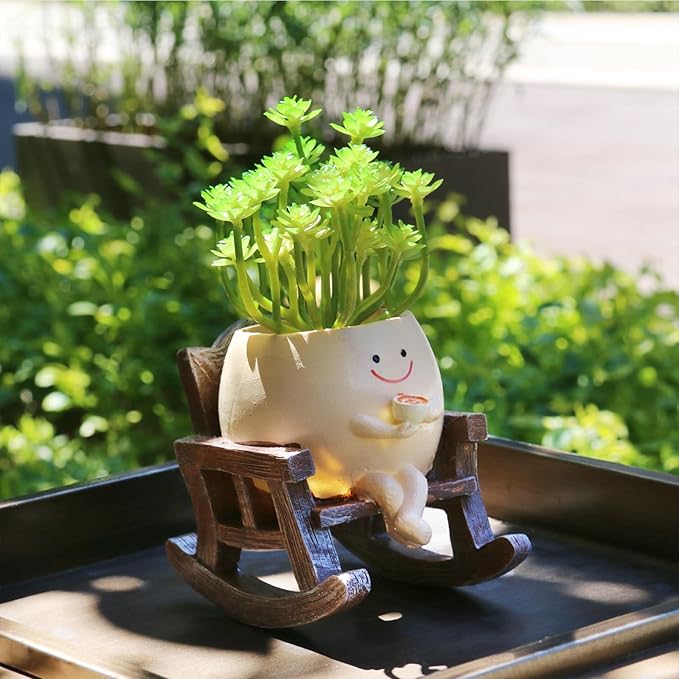 Smiley Face Planter Pot, Cute Resin Smile Face Flower Head Plant Pot, Creative Flower Pot for Indoor Outdoor Plants, Funny Home Decoration (Rocking Chair)