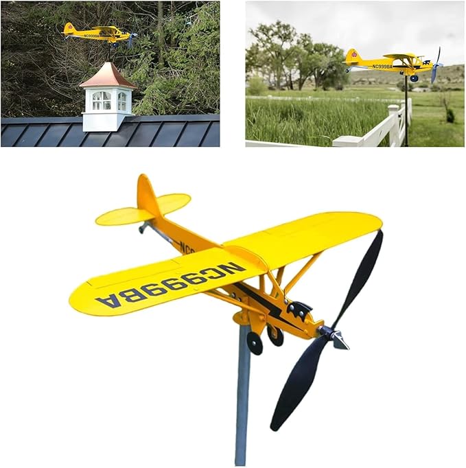 2023 New Piper J3 Cub Airplane Weathervane - Gifts for Flight Lovers, Airplane Weathervane Decoration, Handmade Weathervane Windmill, Easy to Install in The Garden, Patio, Roof Decoration (7.8×7in)
