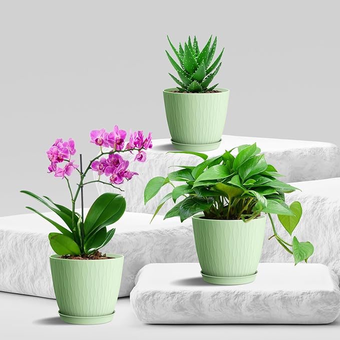 6 Inch Plant Pots, 6 Pack Flower Pots for Indoor and Outdoor Use, Planters with Drainage Holes and Saucers, Green