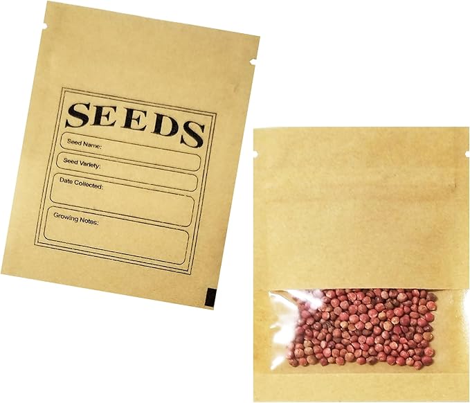 PABCK 100 Pack Small Resealable Seed Envelopes with Clear Window 2.7x3.7inch Brown Kraft Paper Packet with Preprinted Seed Collecting Template for Seed Flower Vegetable Plants Garden Storage Packaging