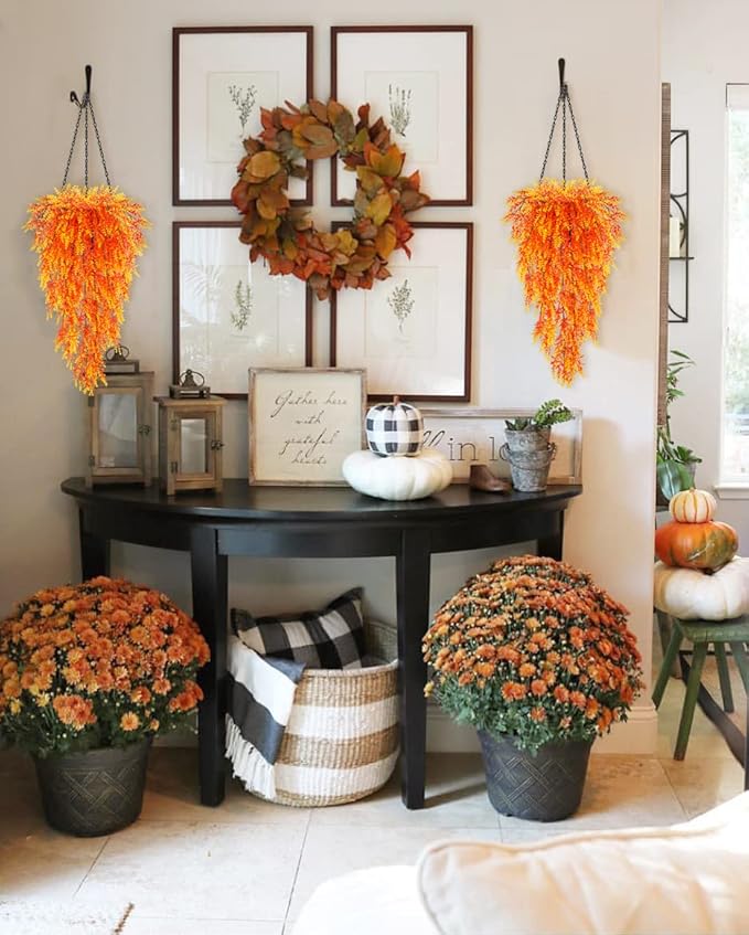 RECUTMS Artificial Hanging Plants Fake Faux UV Resistant Lavender Flowers Indoor Outside Decorations,4 Packs (Sunset)