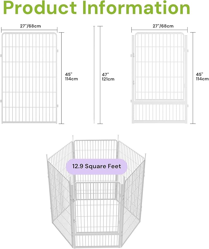 SunsGrove Tall Garden Fence with Gate, 45 in(H) x 13.4 ft(L) 6 Panels Heavy Duty Metal Animal Barrier Fence for Yard, Suitable for Indoor or Outdoor Dog Pet Fence, Garden Fence Border, White