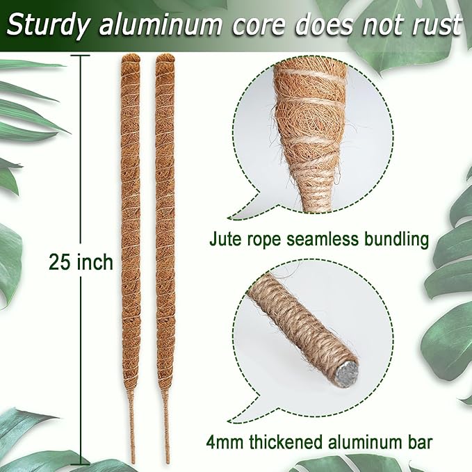 Soupiar 2 Pack 25" Moss Pole, Bendable Moss Pole for Plants Monstera, Moss Poles for Climbing Plants Indoor, Handmade Coco Coir Plant Pole Sticks Support Stakes for Potted Plants