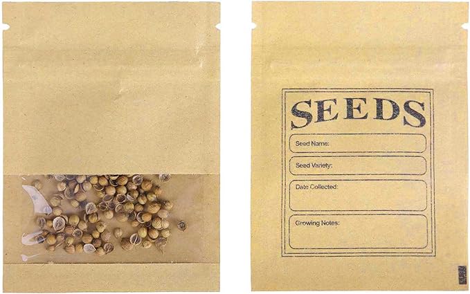 FERENLI 100 Pack Seed Envelopes Packets with Clear Window 2.7x3.7 inch Small Resealable Brown Kraft Paper Bags with Preprinted Collecting Template for Storage Organizing Flower Vegetable Seeds