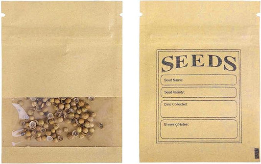 FERENLI 100 Pack Seed Envelopes Packets with Clear Window 2.7x3.7 inch Small Resealable Brown Kraft Paper Bags with Preprinted Collecting Template for Storage Organizing Flower Vegetable Seeds