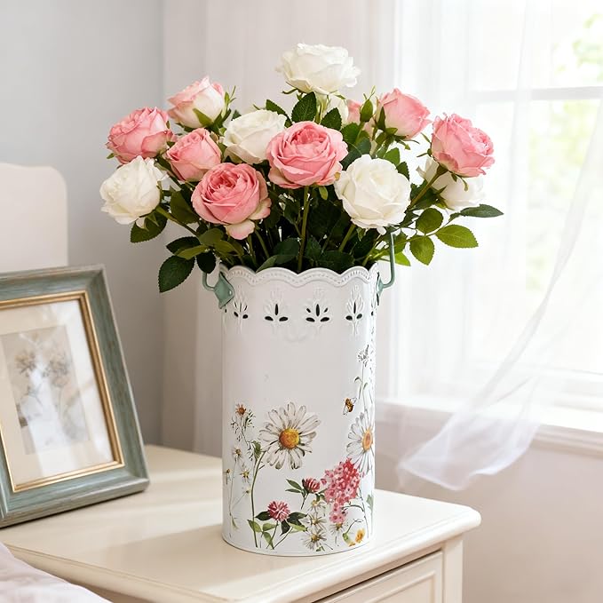 Set of 2 Vintage White Metal Flower Pots, Decorative Floral Buckets Distressed Iron Vases Farmhouse Planters for Dried Flowers, Faux Plants, Home Garden Decor (Flower)