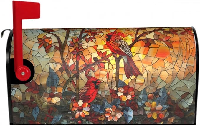 Giwawa Stained Glass Cardinal Birds Mailbox Covers Magnetic for Fall Mailbox Cover Large Autumn Mail Box Covers Oversized 25.5 x 21 Thanksgiving Decorations Outdoor Welcome Mailbox Wrap