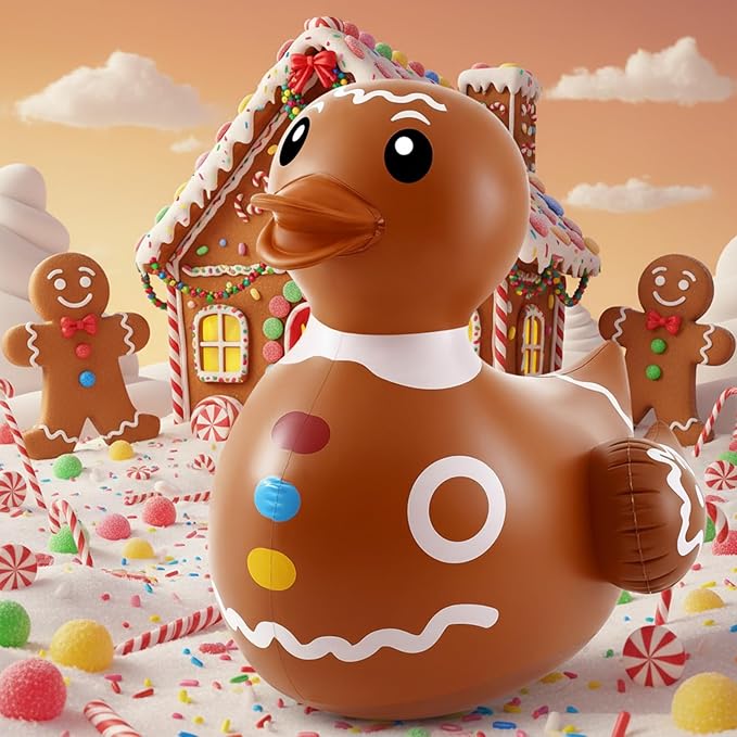 Hungdao 1 Pcs 4 Feet PVC Christmas Giant Inflatable Gingerbread Duck Huge Rubber Large Blow up Duck Christmas Pool Floats for Xmas Holiday Indoor Outdoor Pool Decorations