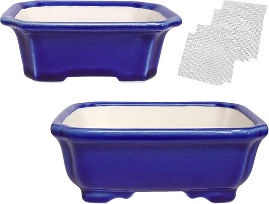Set of 2 Zisha White Clay Bonsai Pot Glazed Shallow Succulent Planter Blue