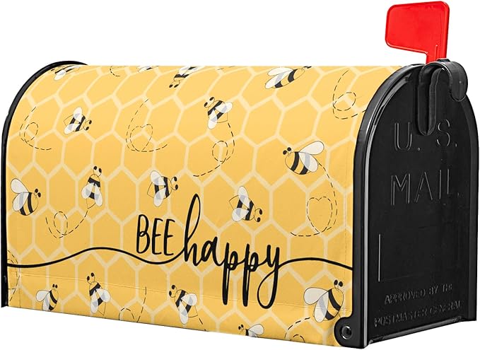 Spring Bee Happy Mailbox Cover Magnetic 25.5x21 Inch Summer Yellow Honeycomb Decorative Waterproof Mailbox Wrap Farmhouse Letter Post Cover Large Size for Garden Yard Outside